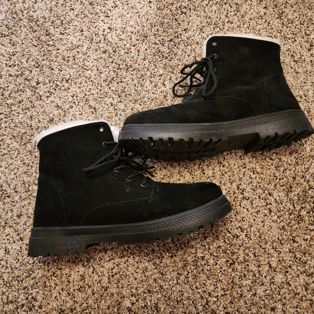 Black Suede Lace-Up Fuzzy Boots